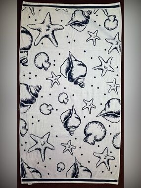 Navy Blue And White Seashells Beach Towel